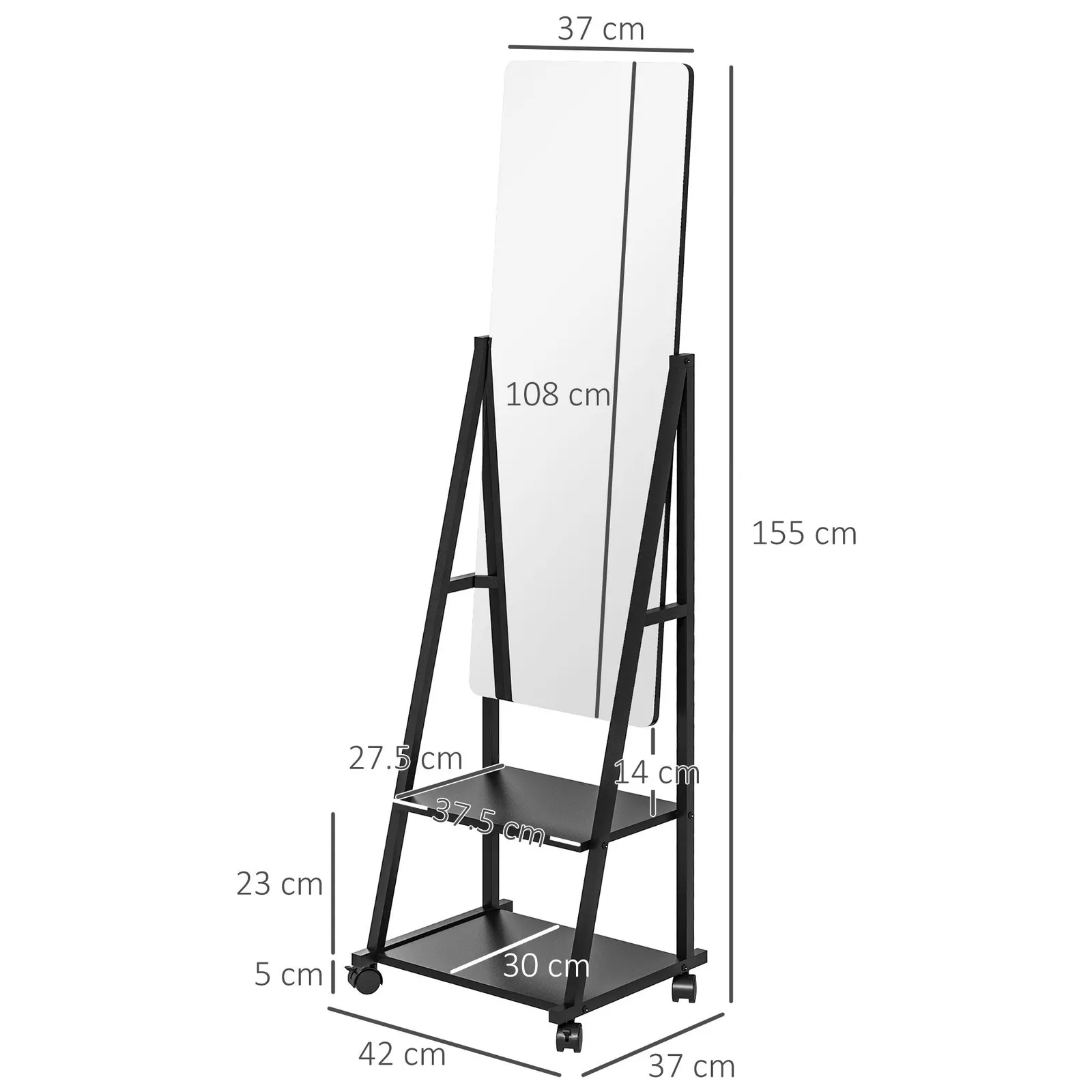 HOMCOM Movable Full Length Mirror Adjustable Full Body Mirror with 2 Shelves in Black 3