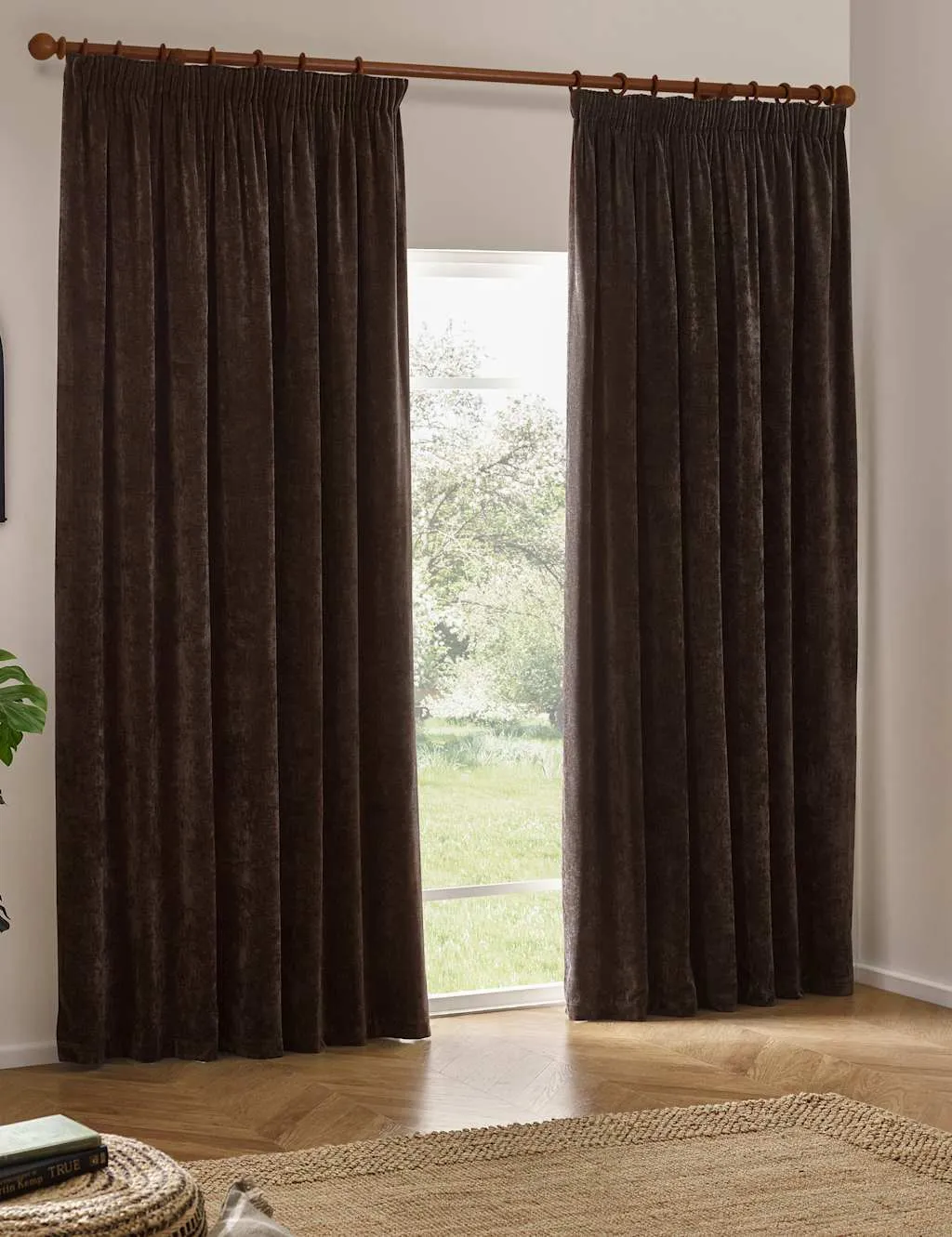 YARD Chenille Velvet Pencil Pleat Curtains Brown