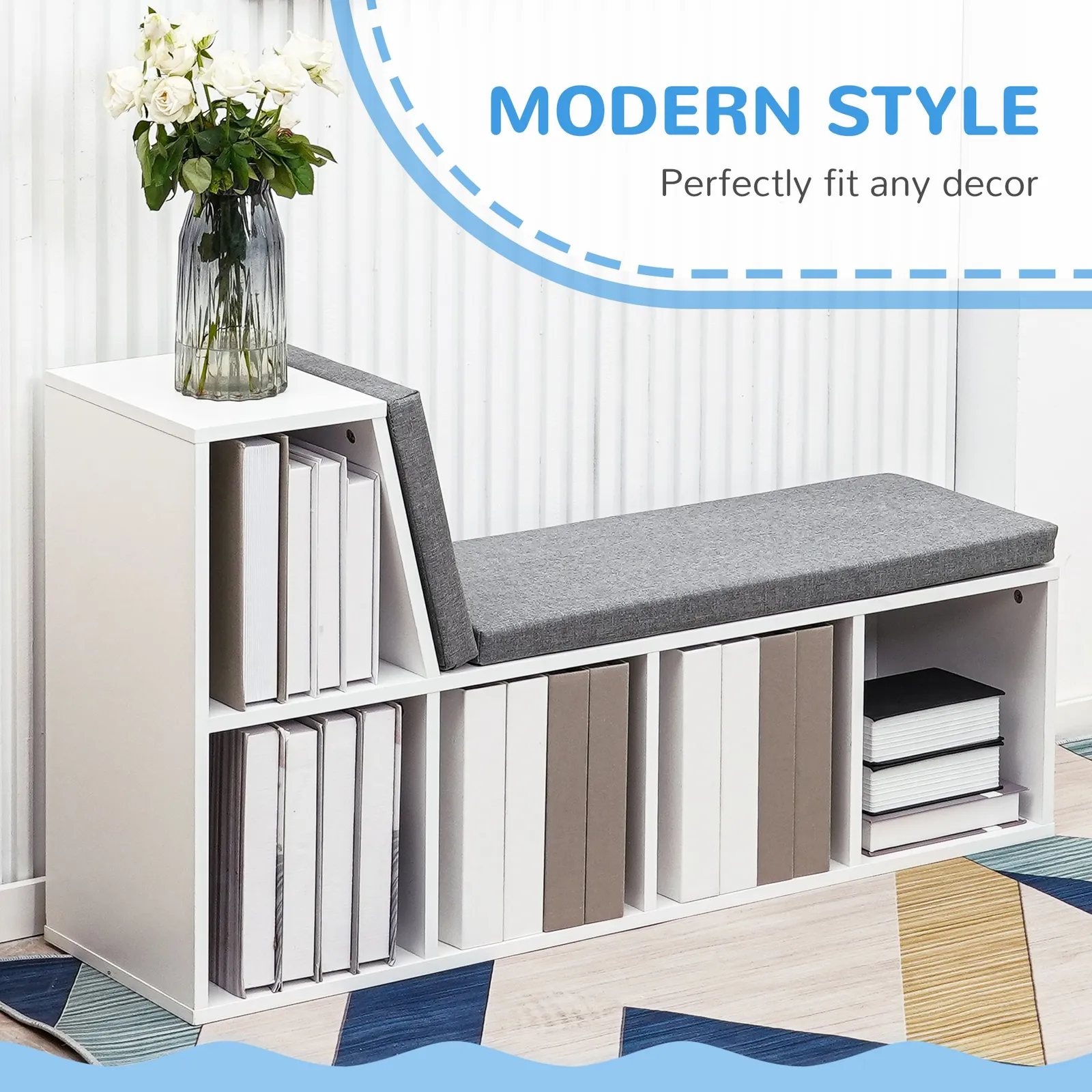 HOMCOM 2 Tier Bookcase Modern Bookshelf Removable Cushions for Home Office in White 4