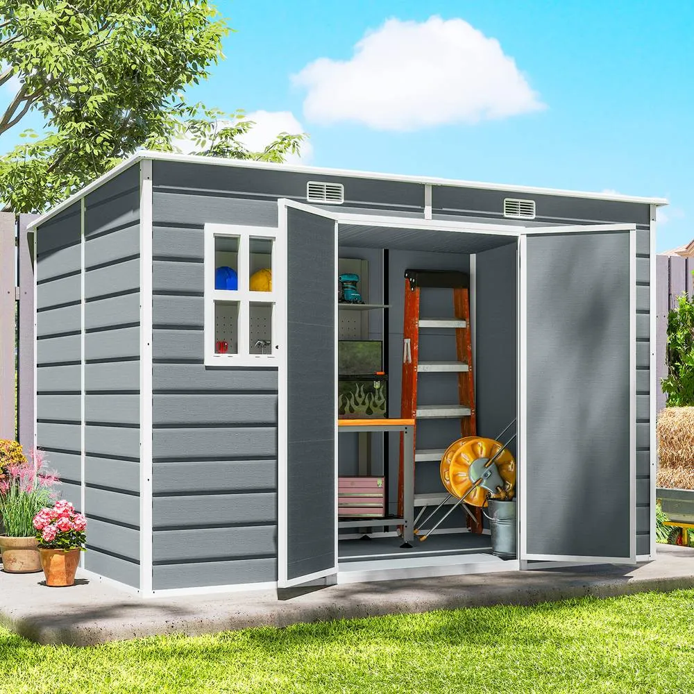 OUTSUNNY 10 x 6 ft Plastic Garden Shed with Floor, Lockable Doors, Grey