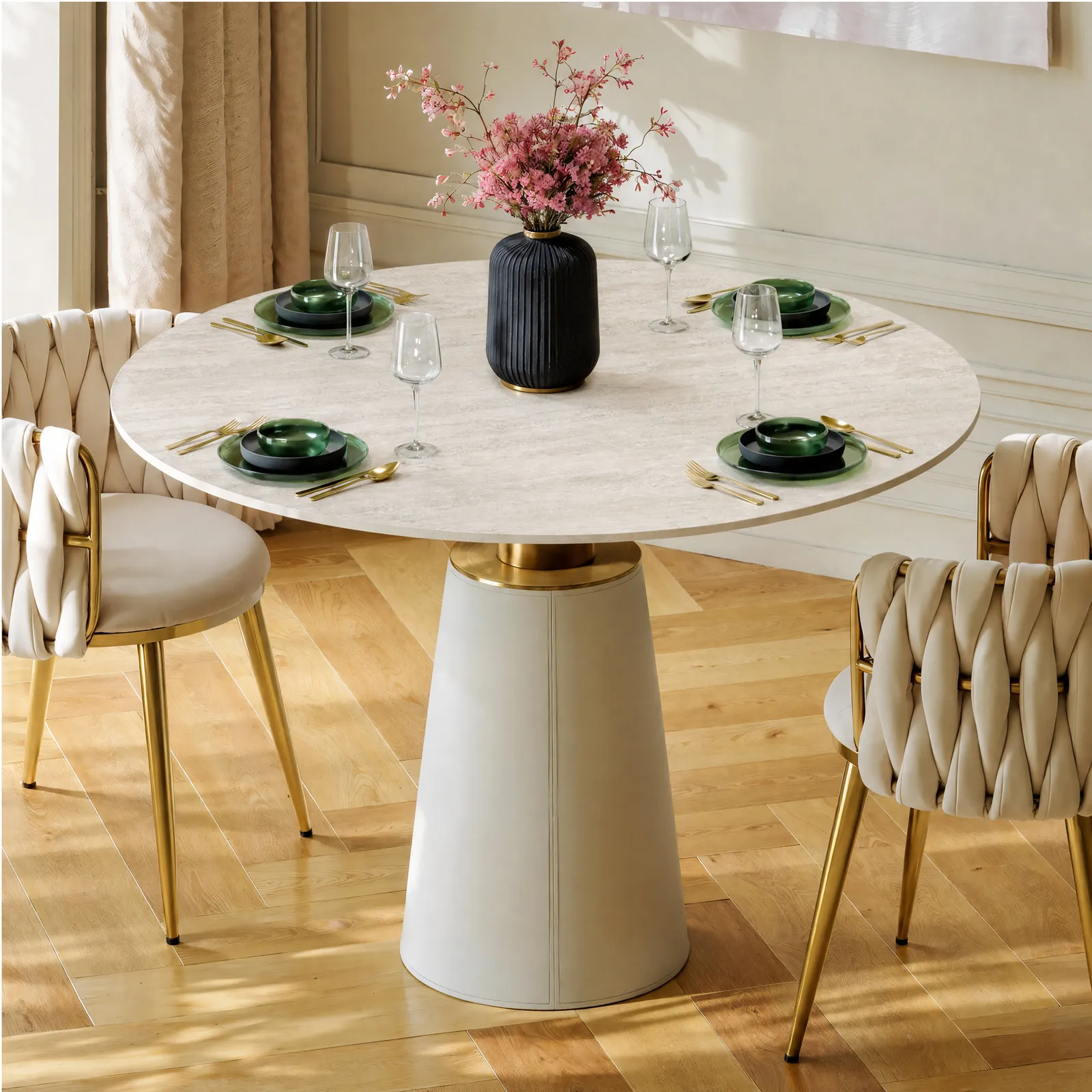 100 cm Faux Travertine Round Dining Table with Saddle Leather Base Seats 2-4 People