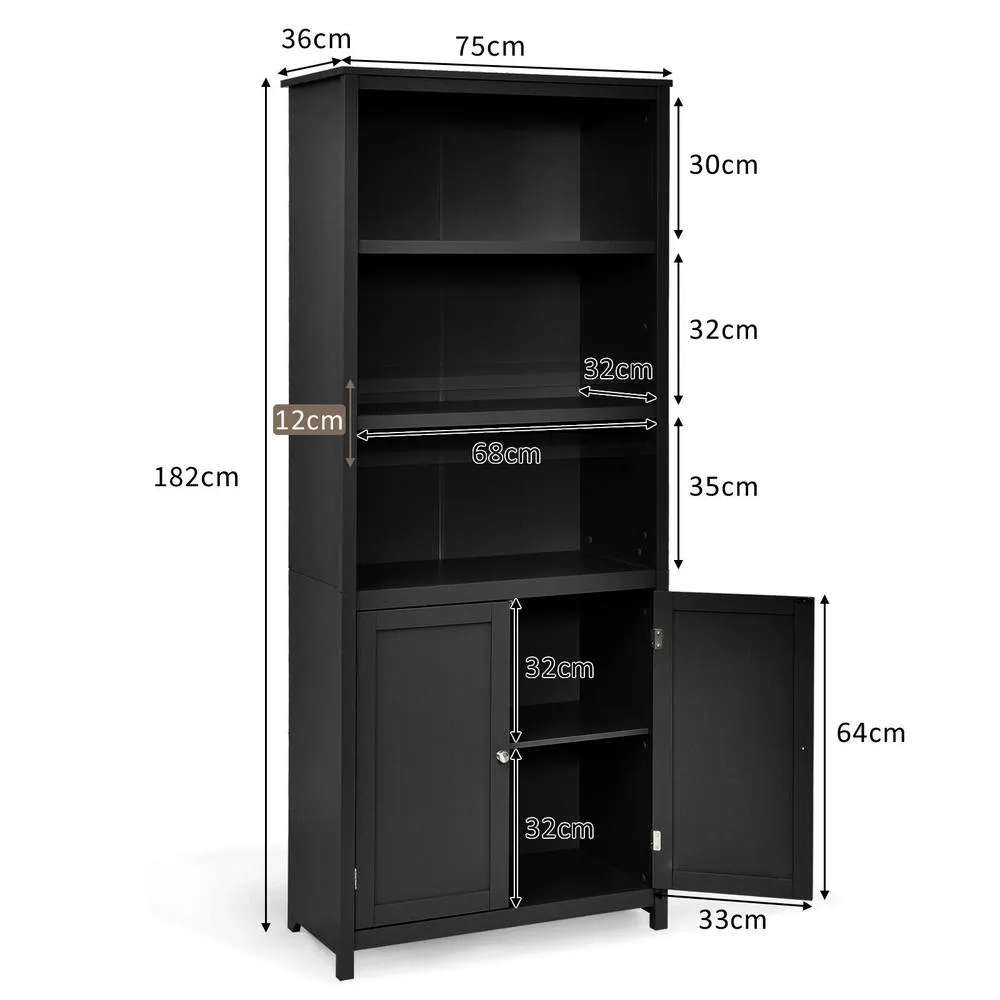 Costway Wooden Tall Bookcase 3-Tier Shelving Storage Cabinet 2 Doors Display Organizer in Black 2