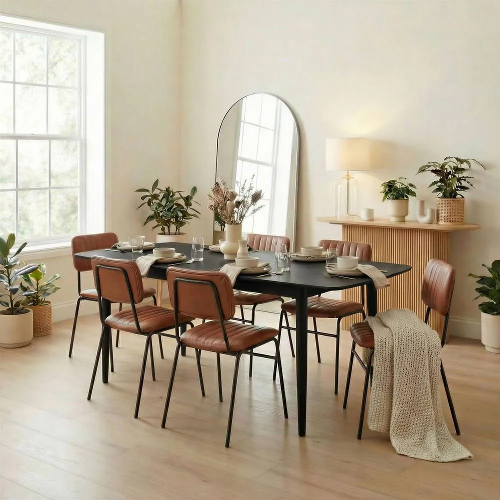 FurnitureboxUK Leif Wood Extending Dining Table with 6 Tan Delta Chairs in Black