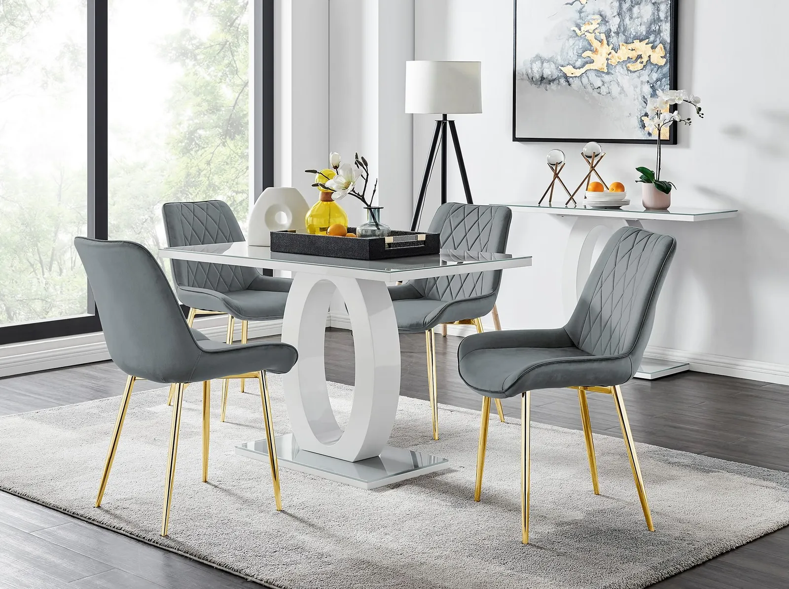 FurnitureboxUK Giovani 4 Grey Dining Table & 4 Pesaro Gold Leg Chairs 1
