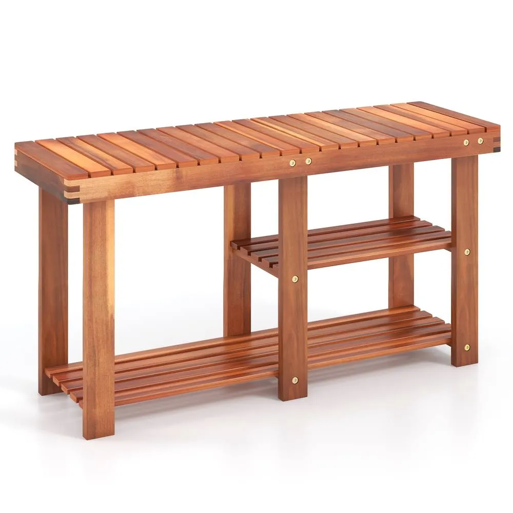 Costway Acacia Wood Shoe Rack Bench 3-Tier Shoe Organizer 87x28x45cm in Brown 3