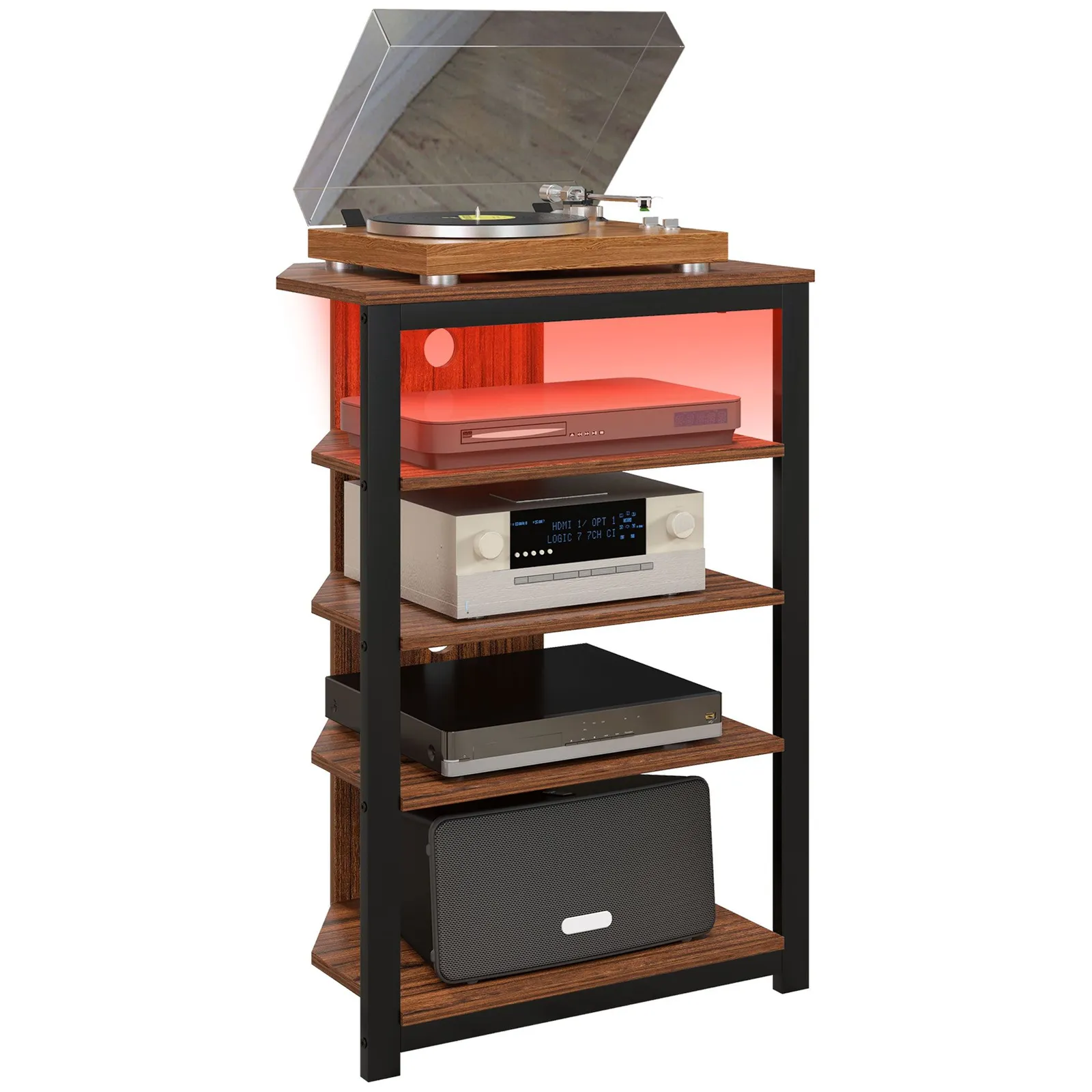 HOMCOM 4-Tier Corner TV Stand with Storage, LED Lights for TVs up to 29" in Brown 2