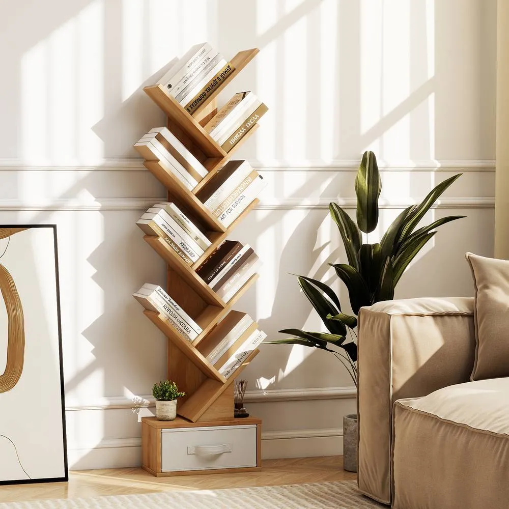 Costway Wooden Tree Bookshelf Modern 150cm Tall Narrow Bookcase w/ 10 Shelves in Natural 5