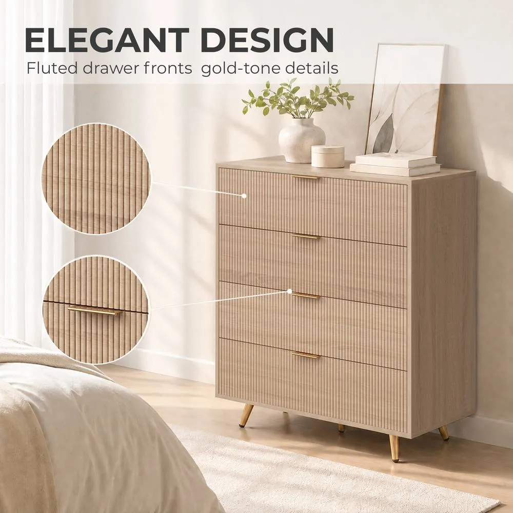 HOMCOM Bedroom Chest of Drawers with 4 Drawers & Gold-Tone Handles Natural 4