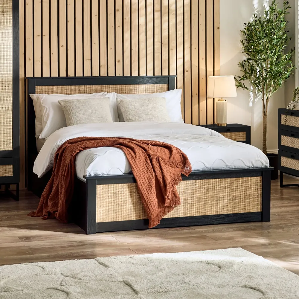 Padstow - King Size - Rattan Ottoman Storage Bed - Black - Wooden - 5ft - Happy Beds 1