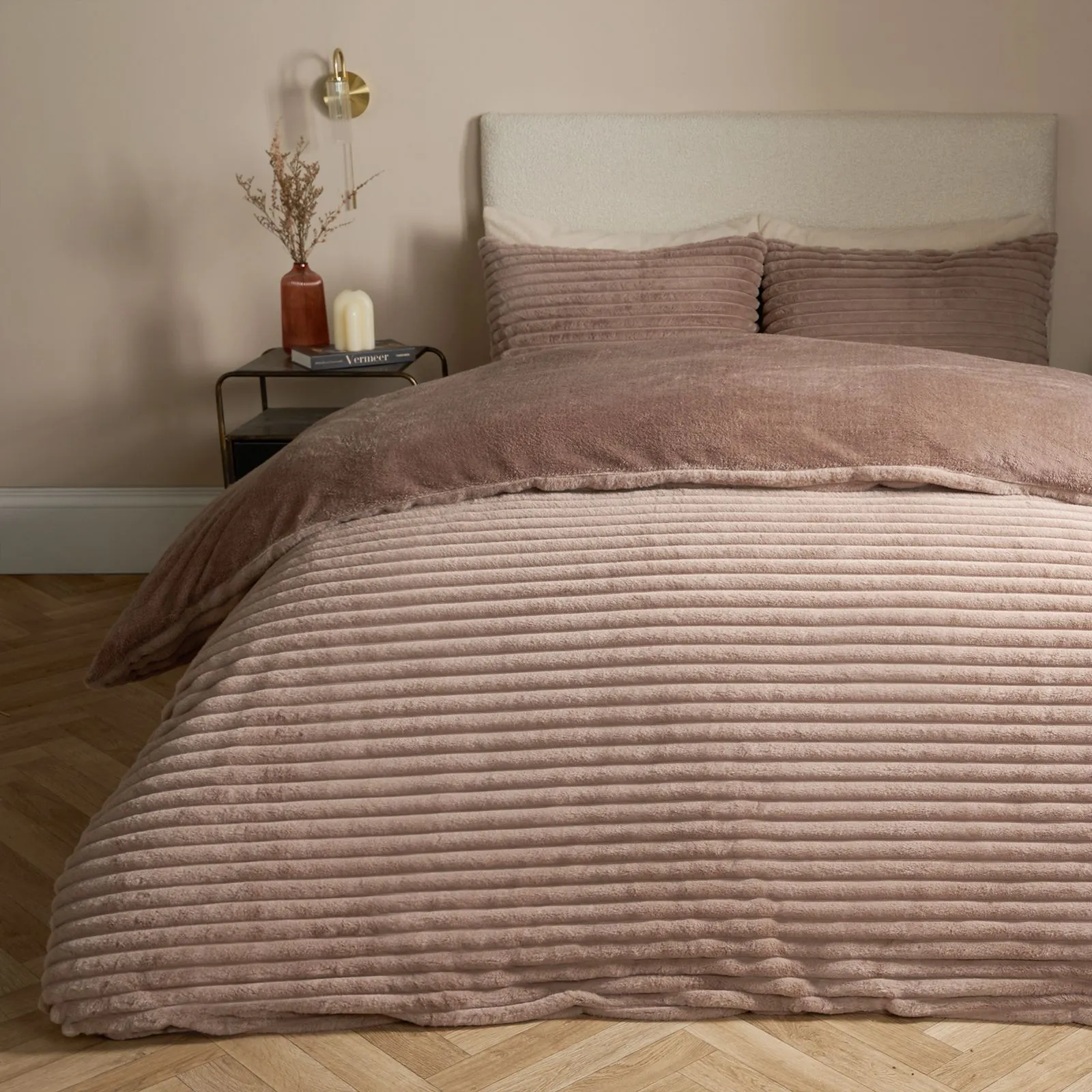 OHS Ribbed Duvet Cover Faux Fur Winter Warm Bedding Set in Natural