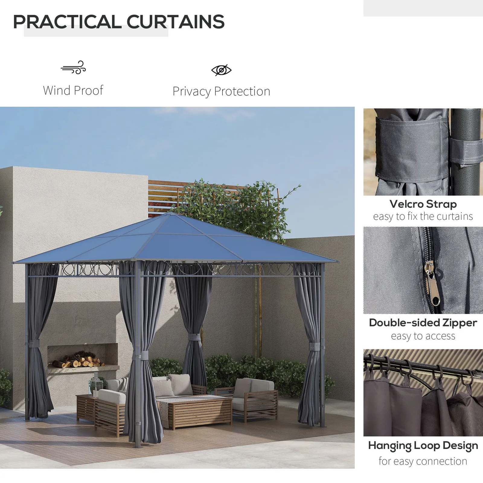 OUTSUNNY Hardtop Gazebo for Garden Party w/ Polycarbonate Curtains in Grey 5