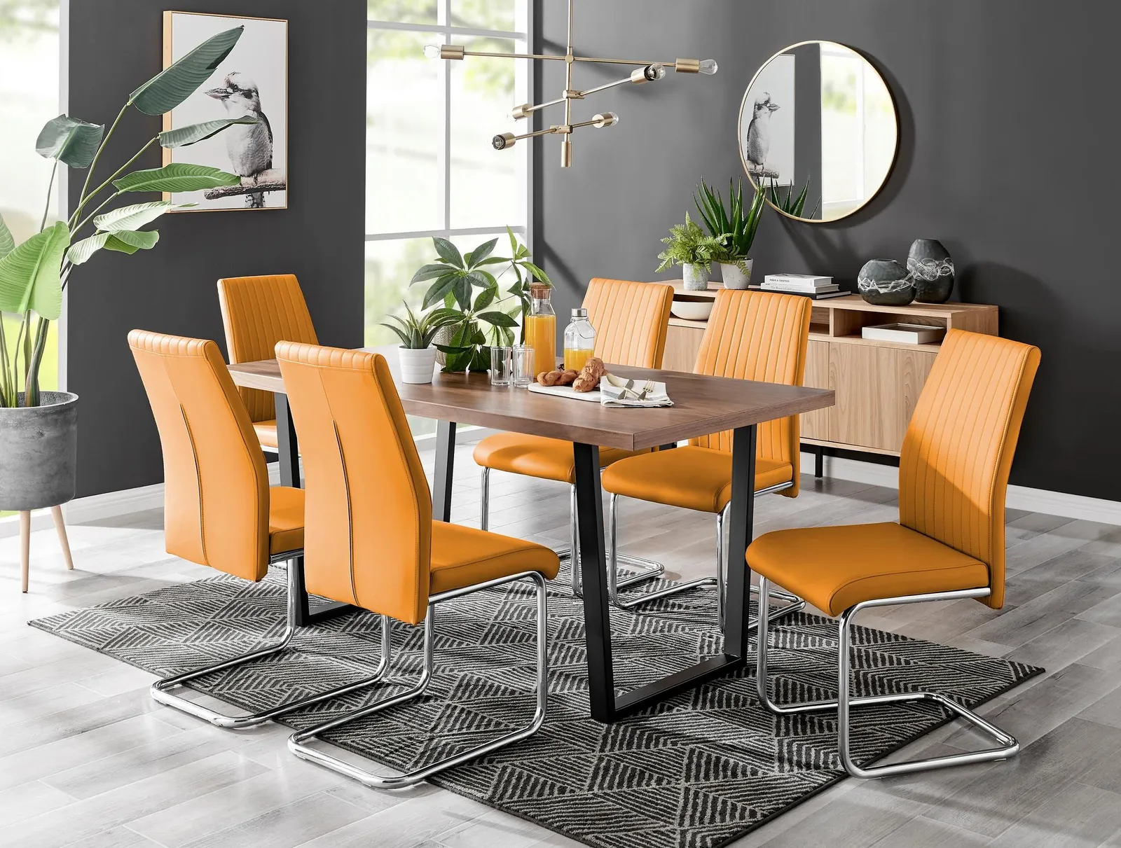 FurnitureboxUK Kylo Large Brown Wood Effect Dining Table & 6 Lorenzo Faux Leather Chairs in Mustard 1