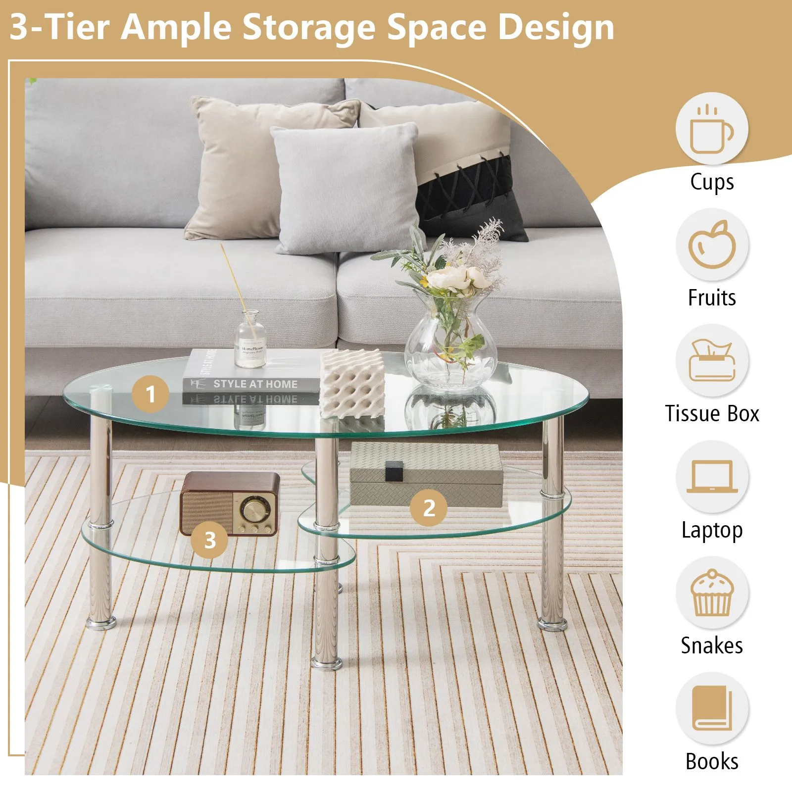Costway 3-Tire Modern Oval Tea Table Smooth Glass Coffee Table Sofa End Side Table in Clear 4
