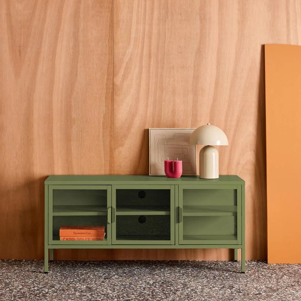 sweeek Industrial metal & tempered glass TV stand with 3 doors 120cm in Green
