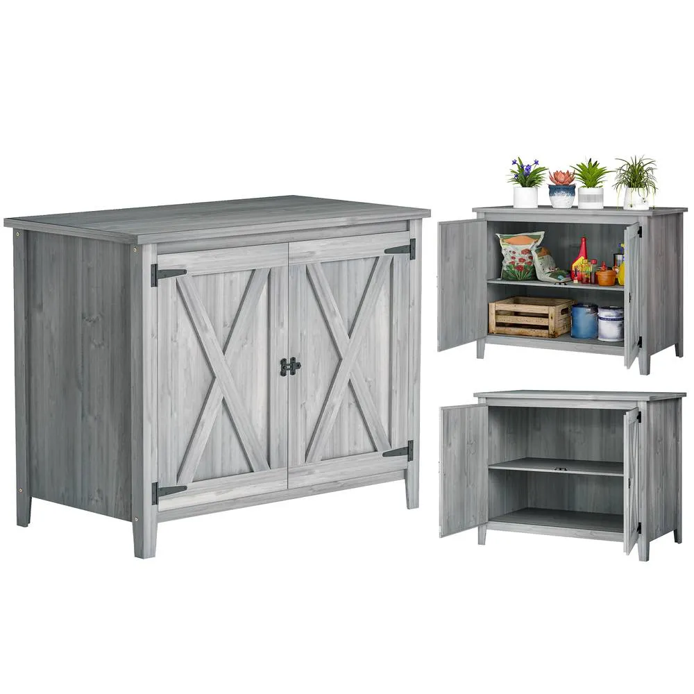 OUTSUNNY Wooden Garden Shed Tool Cabinet 110 x 60 x 88.5 cm, Light Grey 2