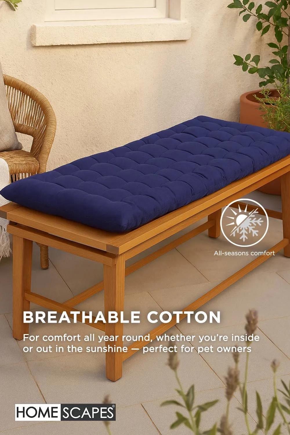 Homescapes Garden Bench Cushion Luxury 3 Seater Cotton Indoor Outdoor Pad, 143 x 48cm in Navy 5