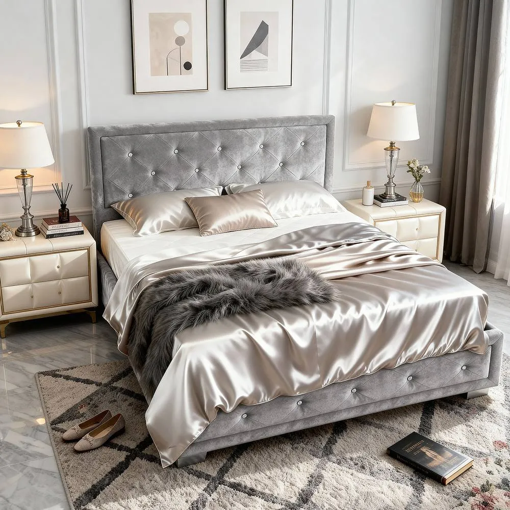 Comfy Living Ltd Fabric Silver Crushed Velvet Dimante Bedframe