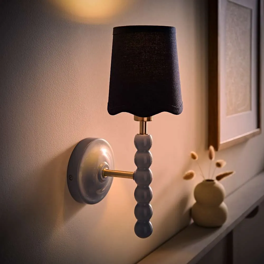 ValueLights Bobbins Pair of Blue Wall Lights & Navy Blue Linen Trim Lamp Shades in Pale Blue 3