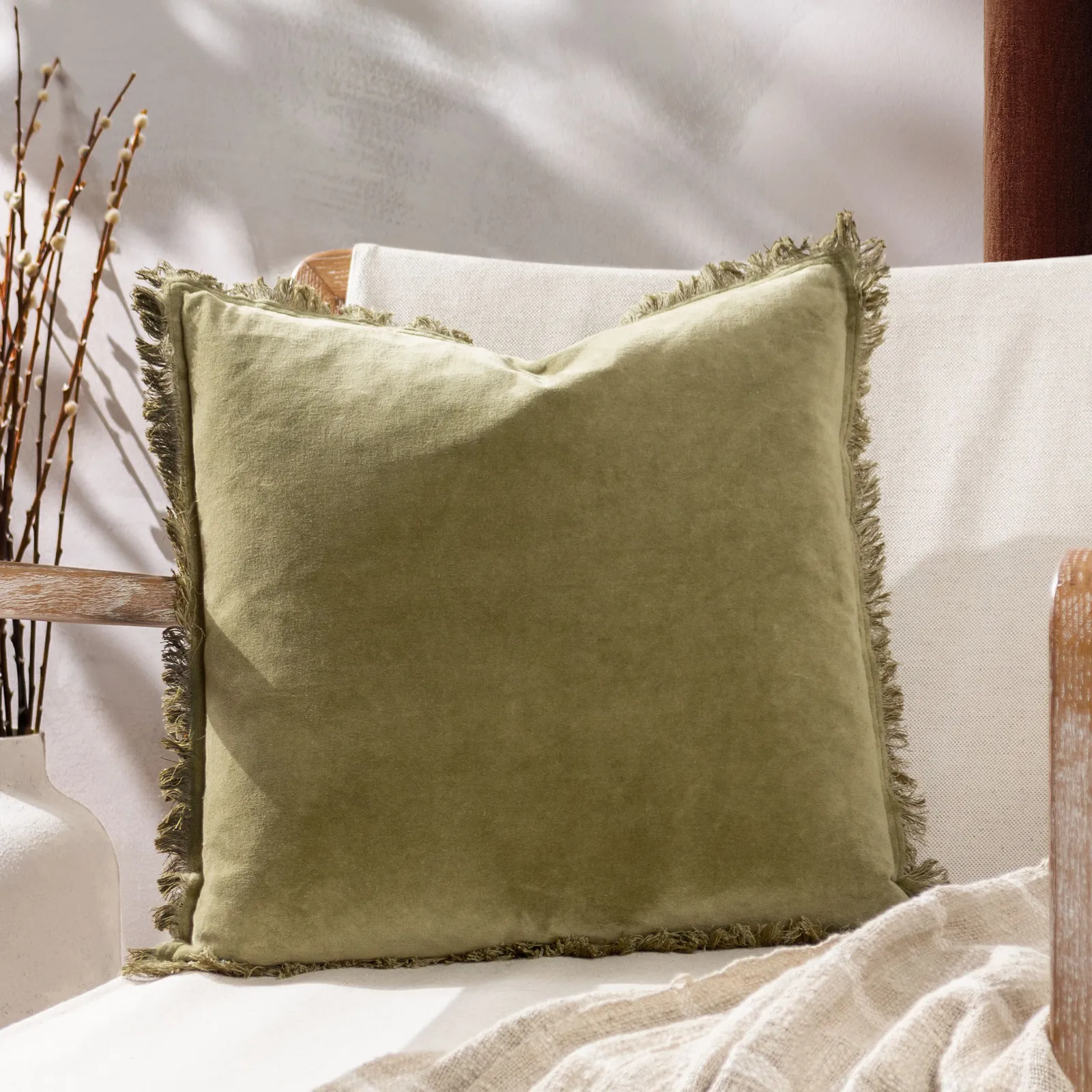Yard Jaye 100% Cotton Velvet Fringed Cushion in Green 1