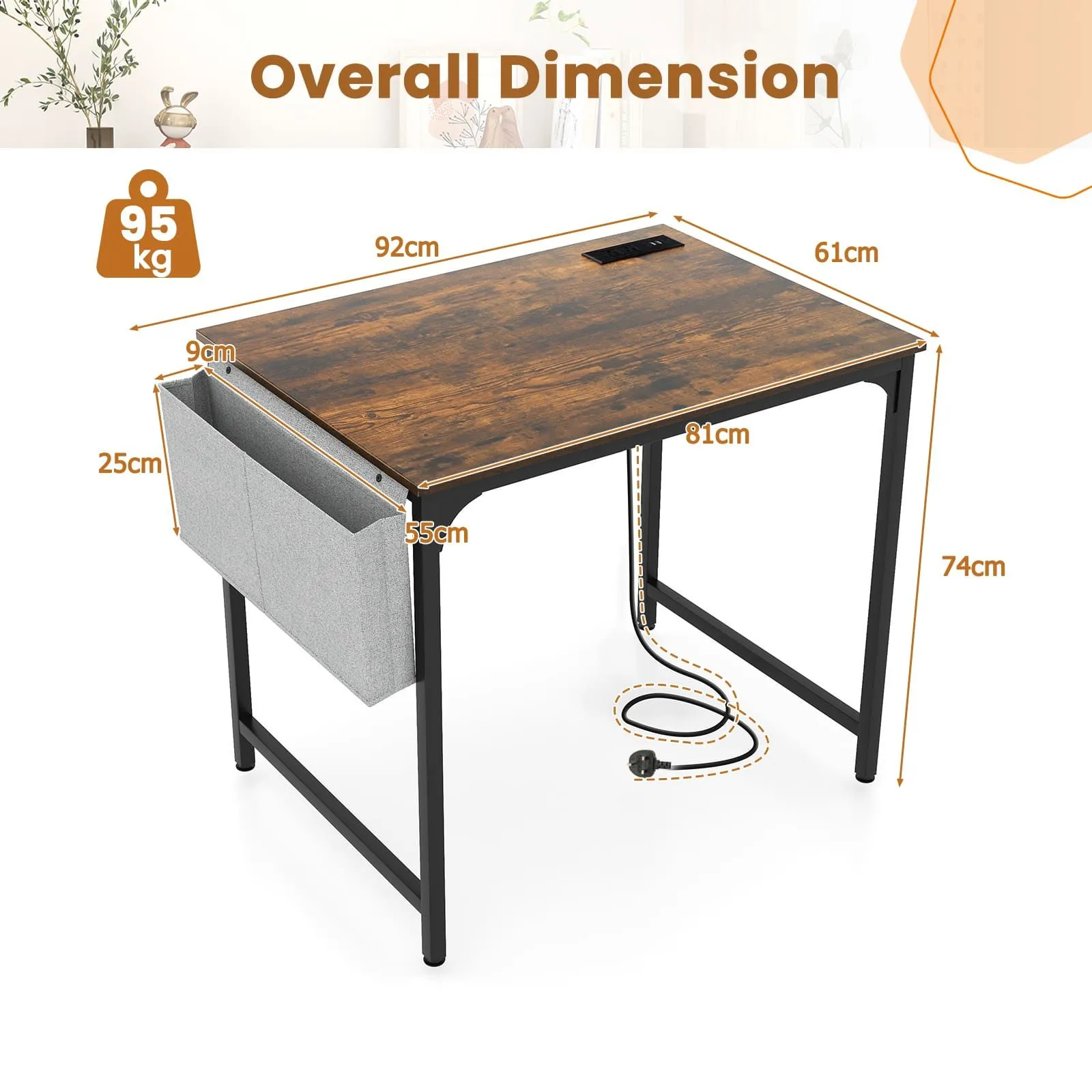 Costway Computer Desk Small Home Office Desk w/ Charging Station in Brown 2