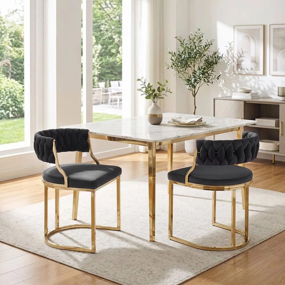 Costway 2PCS Velvet Dining Chairs Modern Woven Upholstered Accent Chairs in Black 3