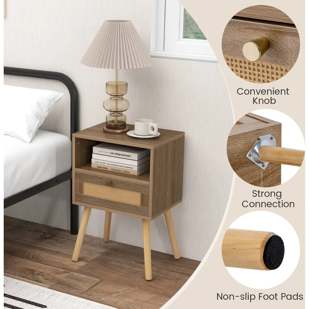 Costway Rattan Nightstand Boho End Table Drawer Shelf-Natural in Brown 2