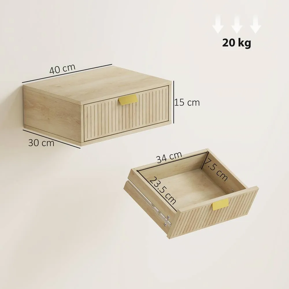 HOMCOM Floating Nightstands Set of 2 Bedside Tables w/ Wave Drawer Oak in Light Oak 3