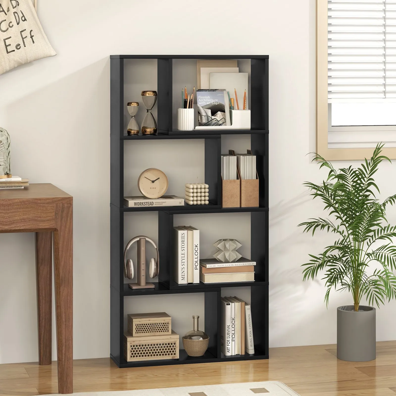 Costway 5-Tier Geometric Bookshelf 120 CM Tall Bookcase Modern 8-Cube Display Shelving in Black 5