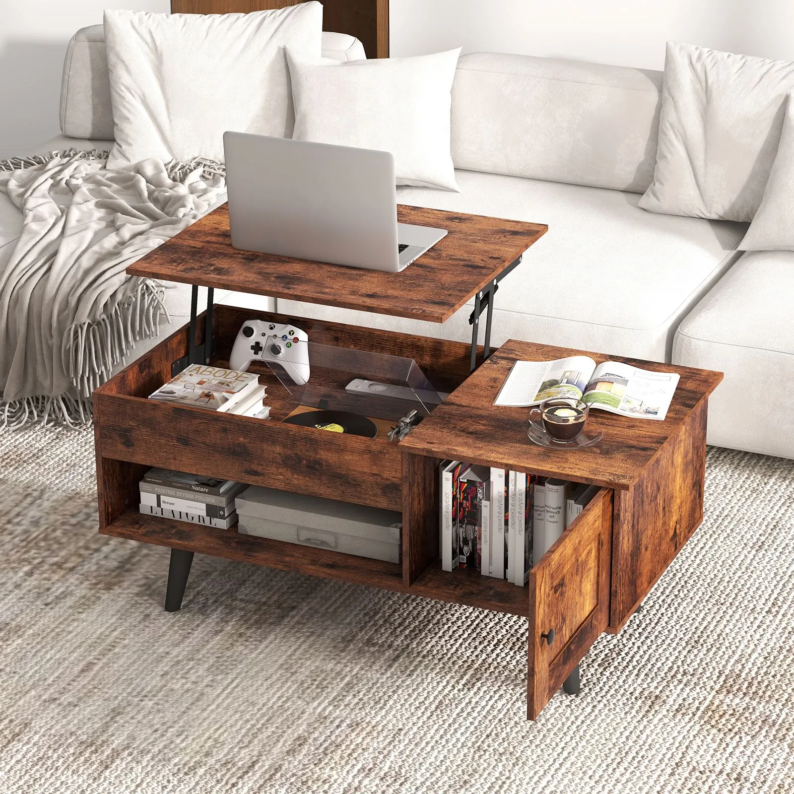 Costway Lift Top Coffee Table Pull up Coffee Table w/ Storage in Brown 5