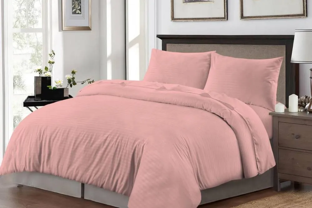 Homes-Linen Luxury Brushed Microfiber Stripe Duvet Cover Set with Pillowcases in Pale Pink
