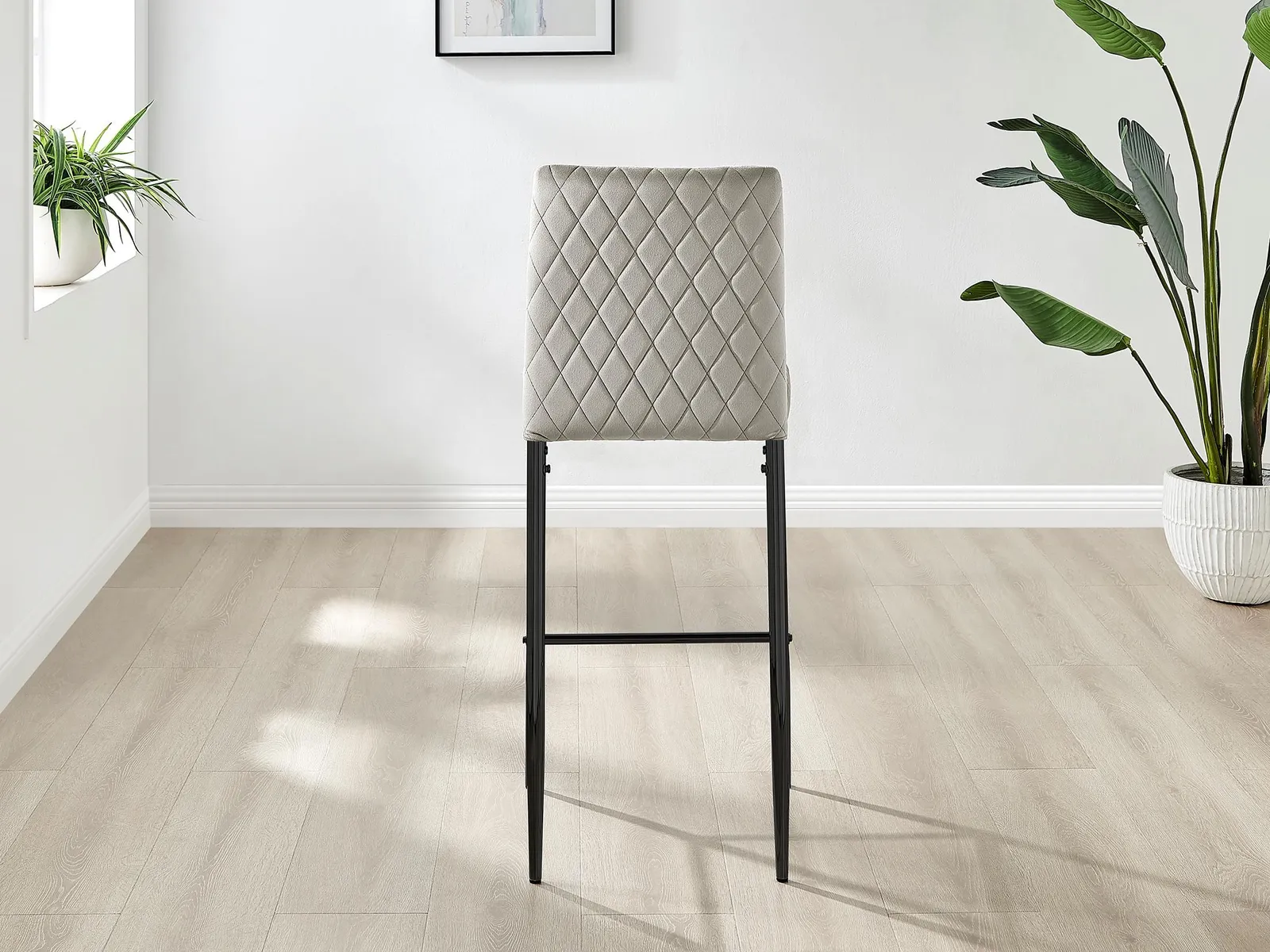 FurnitureboxUK Set of 2 Milan Soft Touch Hatched Velvet Padded Counter Stools With Black Metal Legs in Beige 5