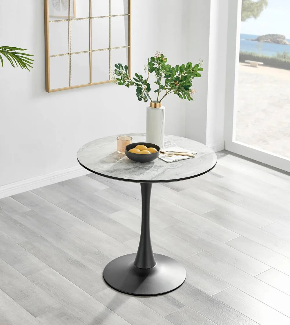 FurnitureboxUK Elina White Marble Effect Round Dining Table with 2 Tan Delta Chairs 2