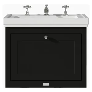Bayswater Hartleigh Matt Black Traditional Wall Hung Vanity Unit & 3 Tap Hole Traditional Recessed Basin - 600mm