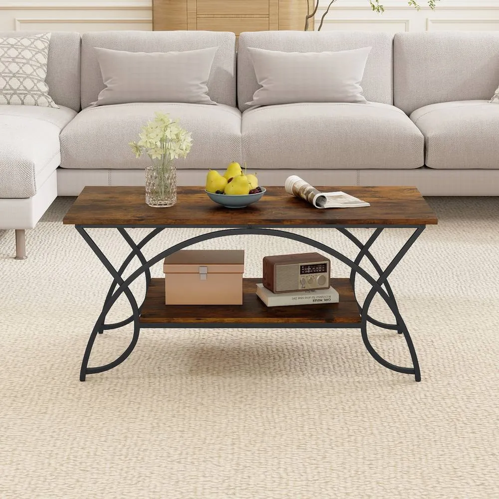Costway 2-Tier Faux Marble Coffee Table Modern Cocktail Center Table w/ Shelf in Brown 3