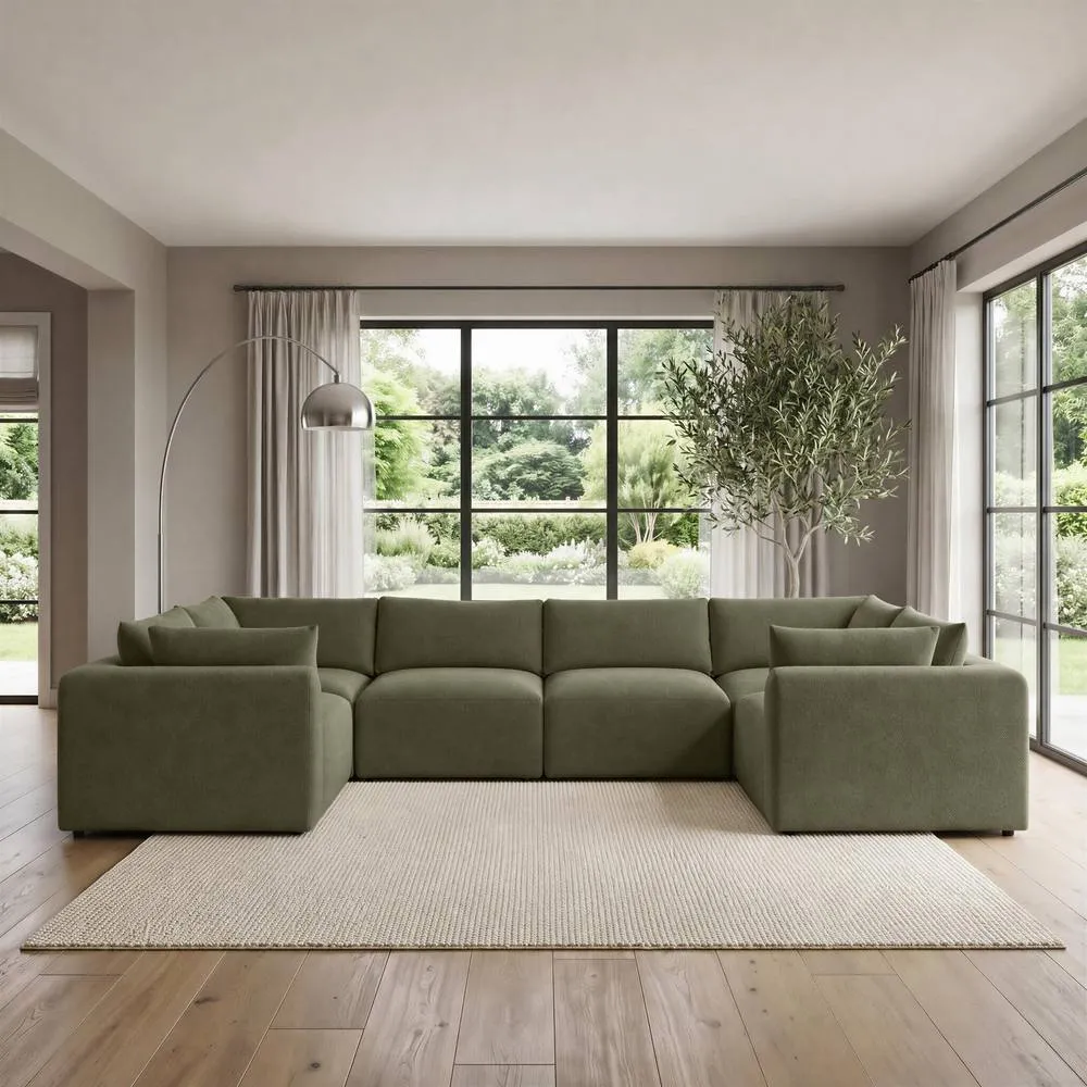 FurnitureboxUK Drift Boucle Fabric 5 Seater U-Shaped Modular Corner Sofa in Green 3