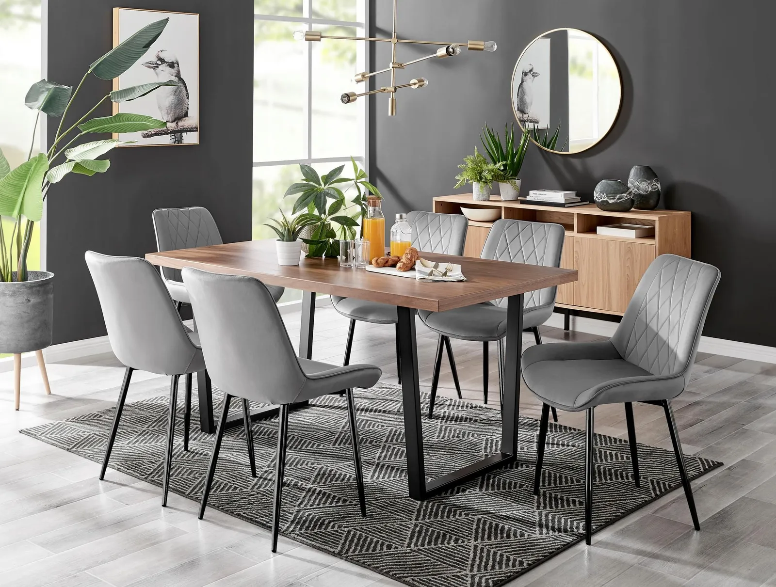 FurnitureboxUK Kylo Large Brown Wood Effect Dining Table & 6 Pesaro Velvet Black Leg Chairs in Grey 1