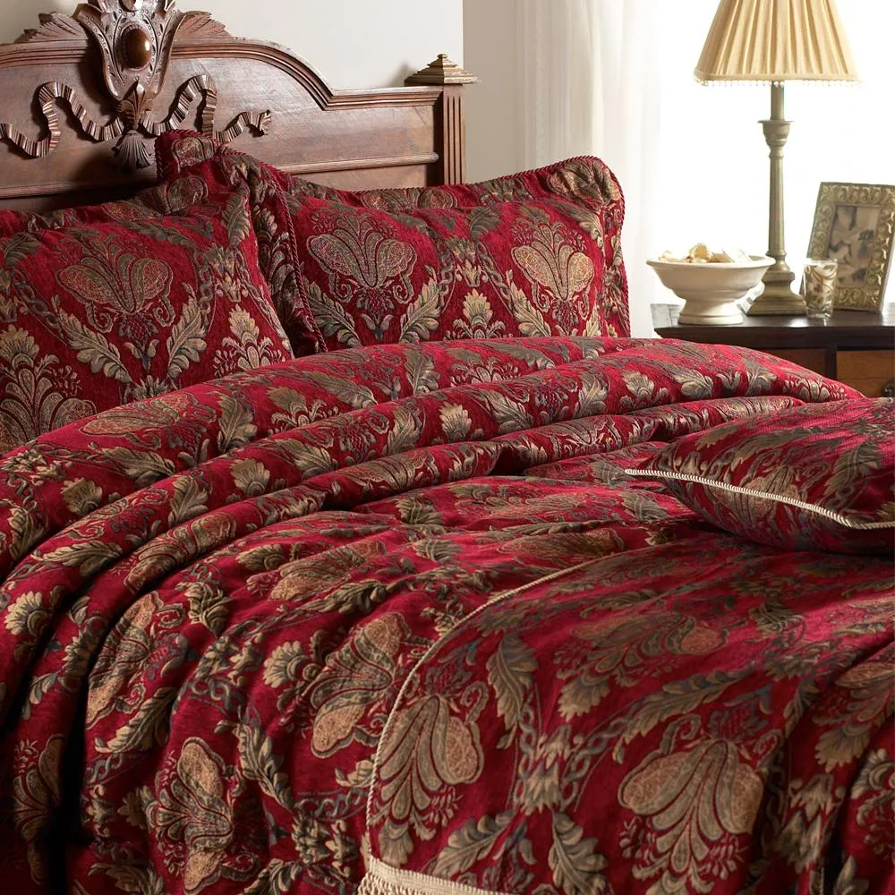 Paoletti Shiraz Traditional Damask Jacquard Floral Piped Pillow Sham in Burgundy 2