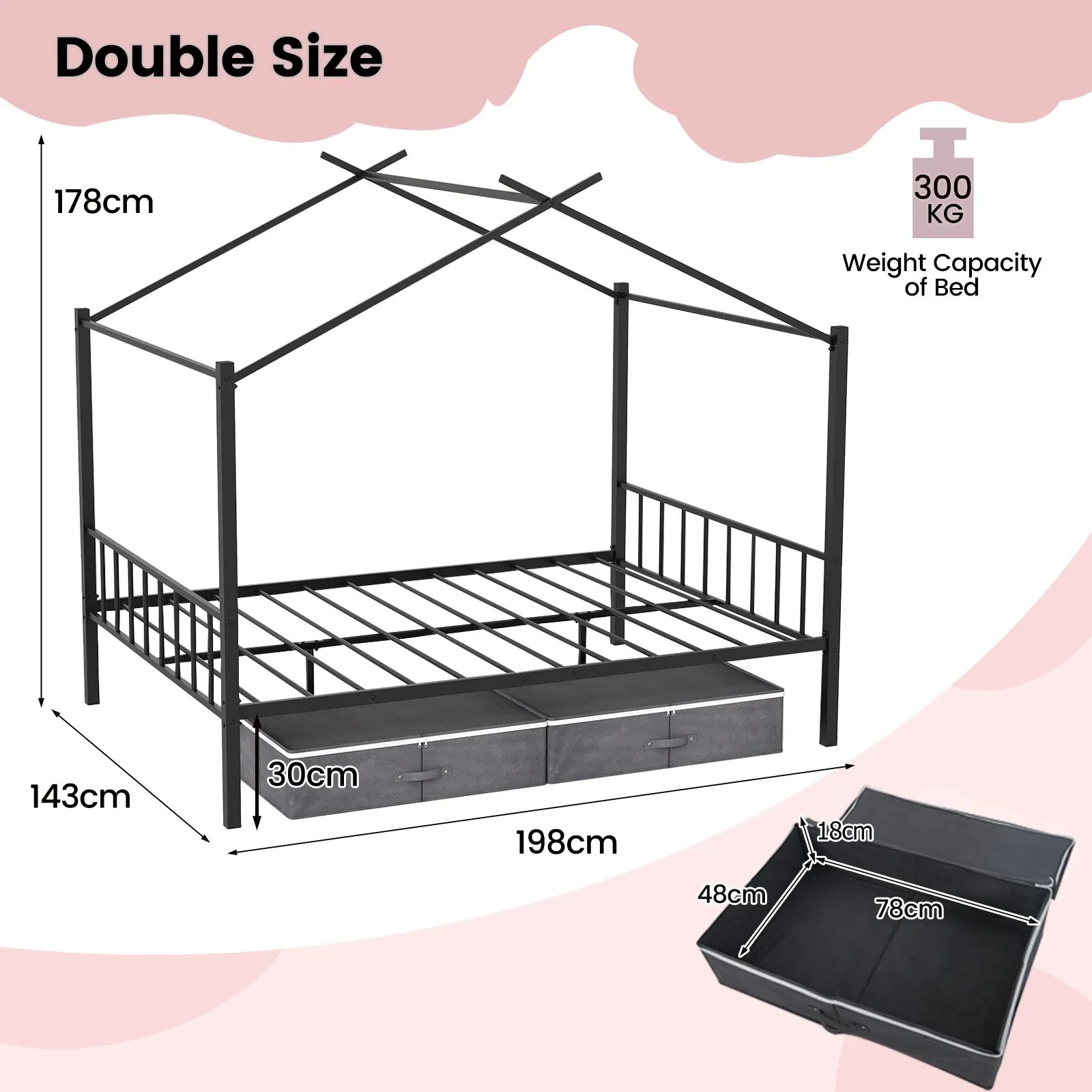Costway Double Size House Bed Heavy-Duty Metal Platform Bed w/2 Drawers in Black 2