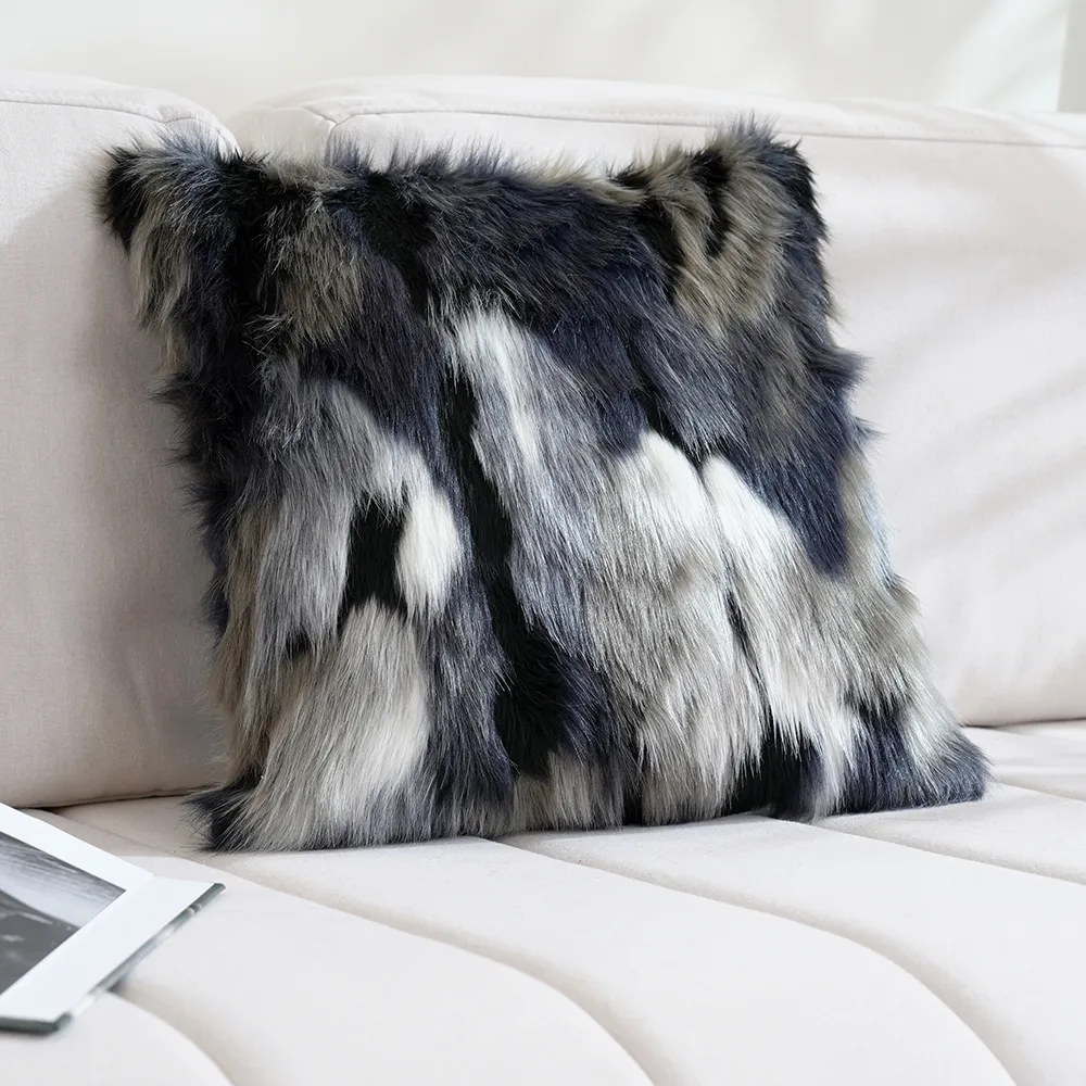 Modern Blue and Grey Faux Fur Throw Pillowcase Black velvet Throw Pillow Cover