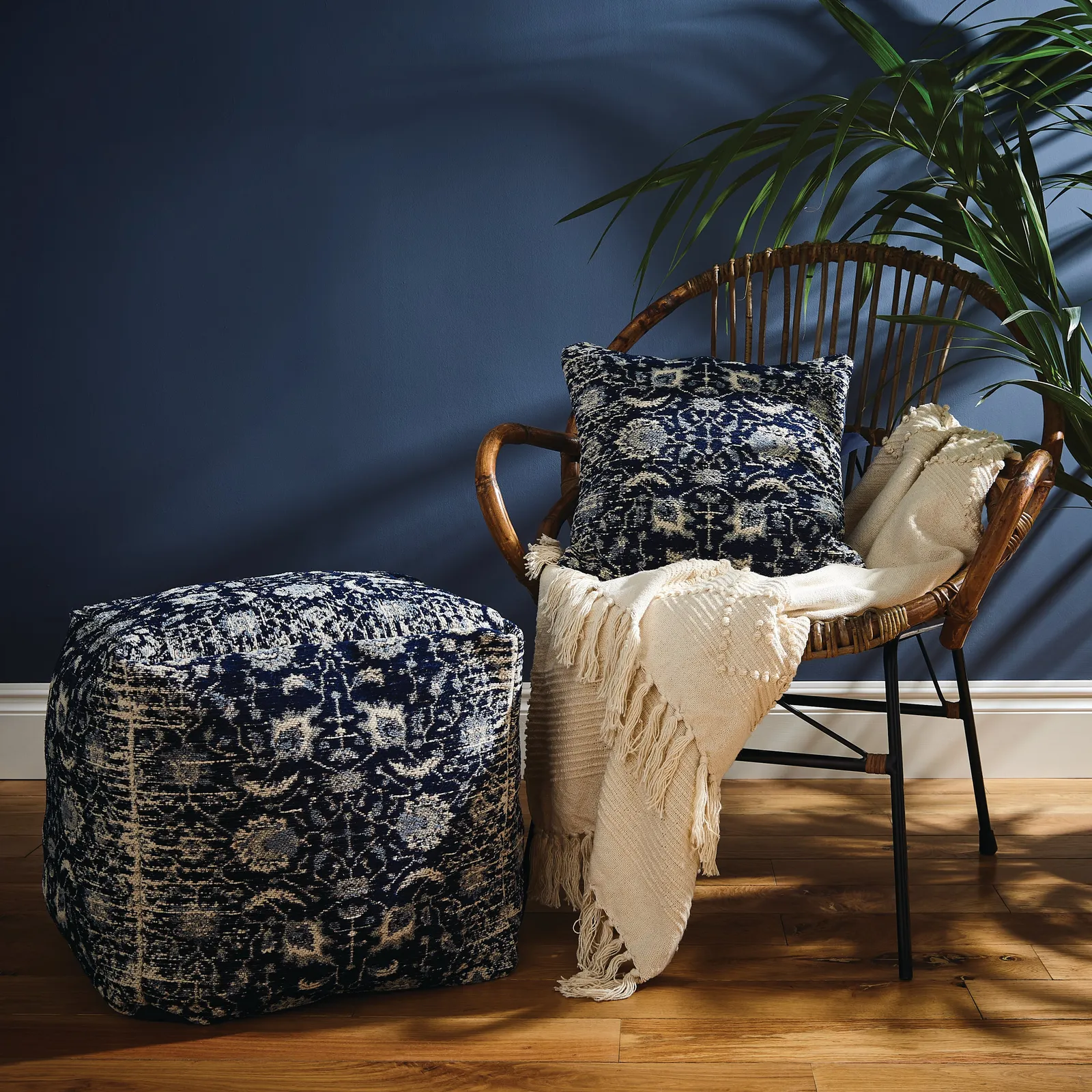 Blue Global Chenille Jacquard Pouffe Blue/White