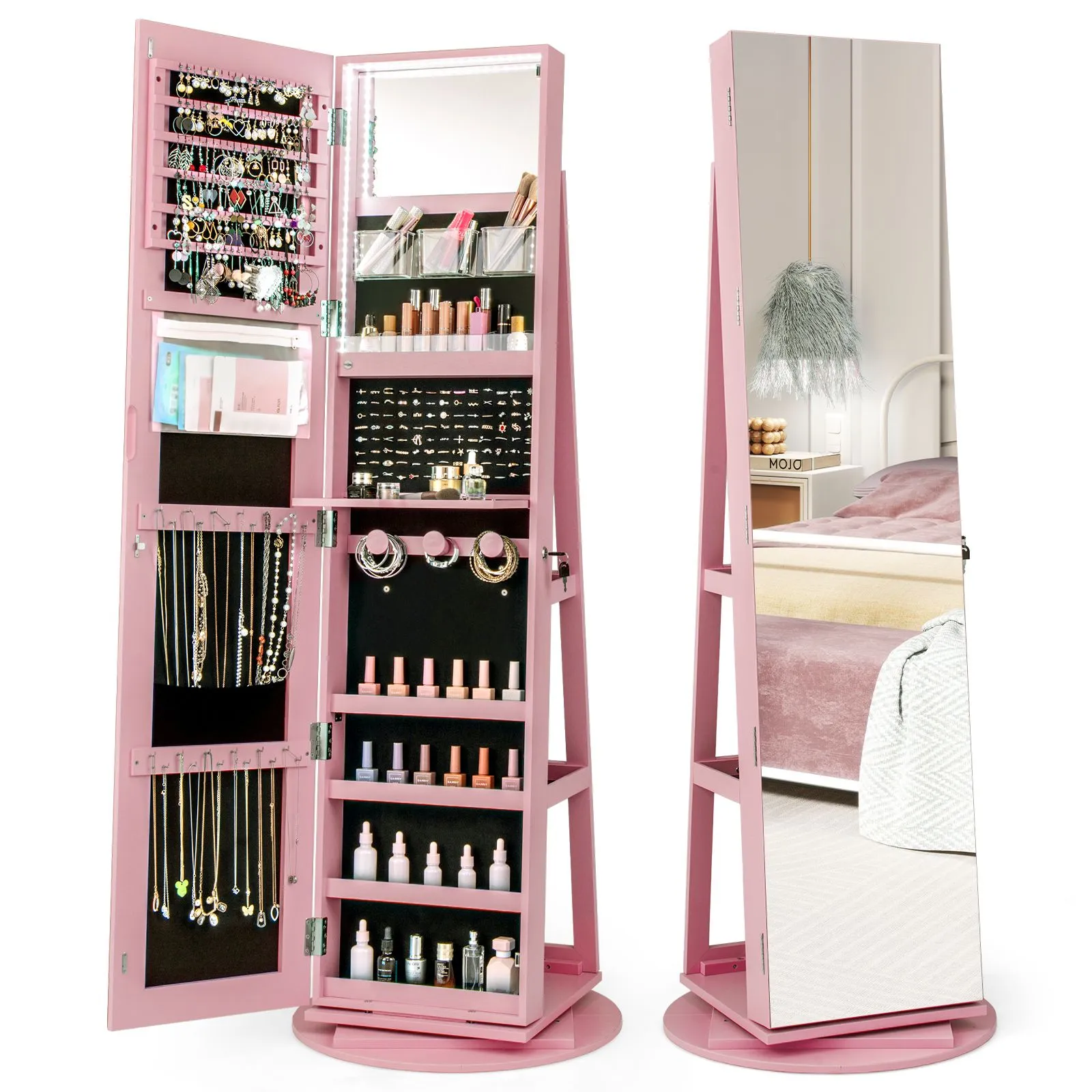 Costway 360° Rotating Jewelry Armoire Standing Jewelry & Makeup Cabinet in Pink 3