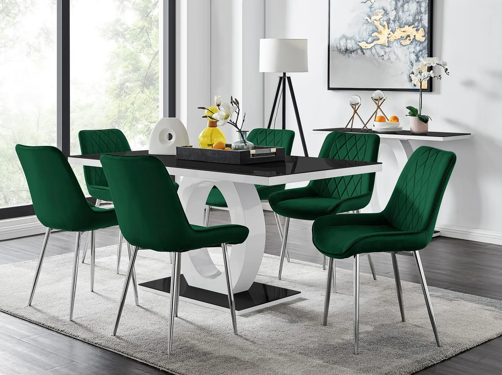 FurnitureboxUK Giovani Rectangular 6 Seat White High Gloss Unique Halo Base Dining Table Black Glass Top 6 Soft Velvet Silver Leg Pesaro Chairs 1