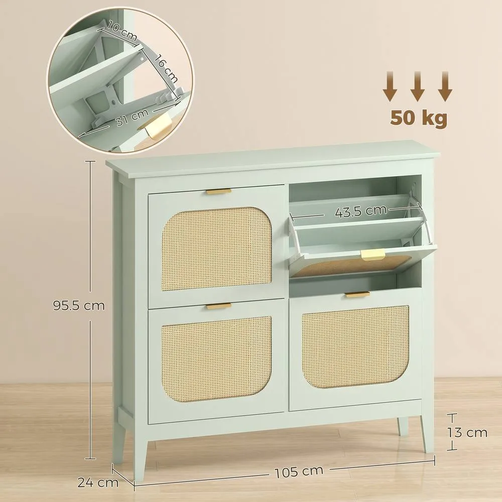 HOMCOM Boho Slim Shoe Cabinet with Rattan Doors, Holds 20 Pairs, Green in Light Green 3