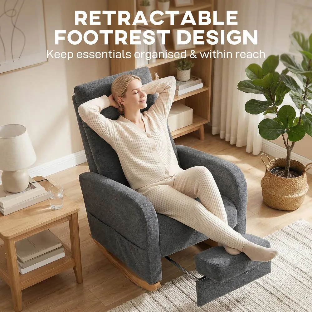 HOMCOM Upholstered Rocking Chair with Retractable Footrest Grey 4