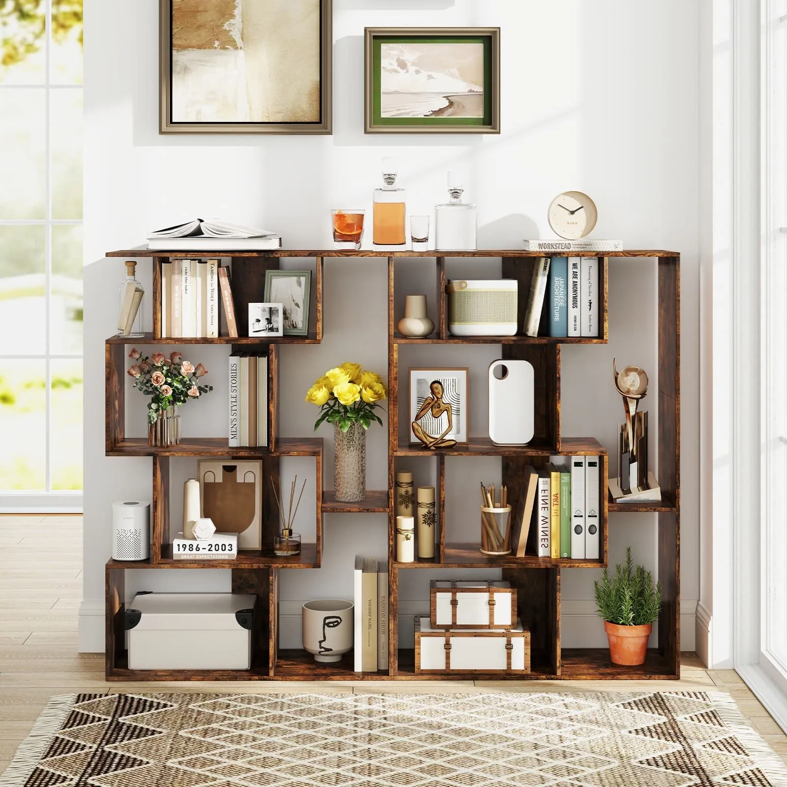 Costway Open-back Geometric Bookshelf Home 6-Cube Large Bookcase in Brown 4