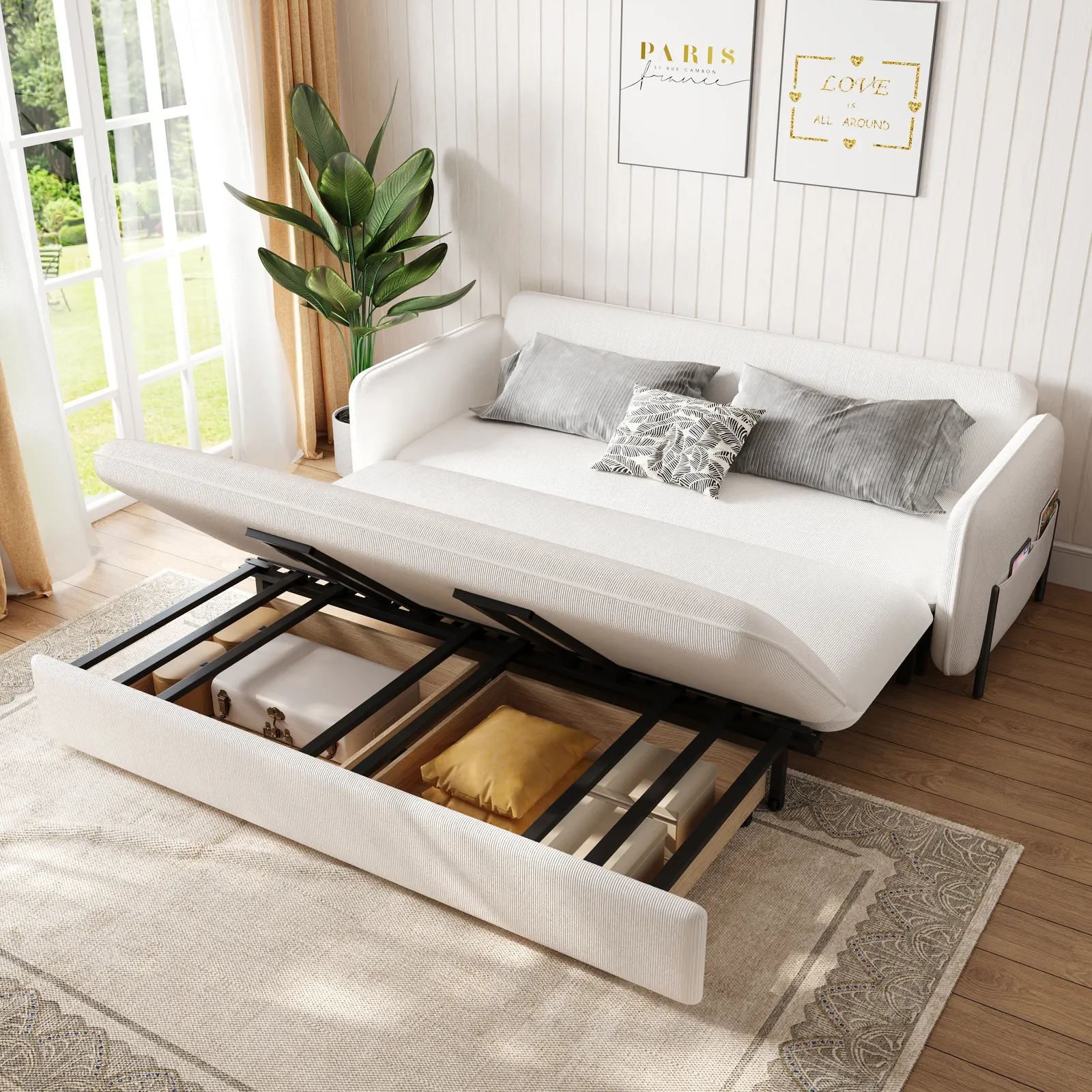 2006mm King Sleeper Sofa Beige Upholstered Convertible Sofa Bed