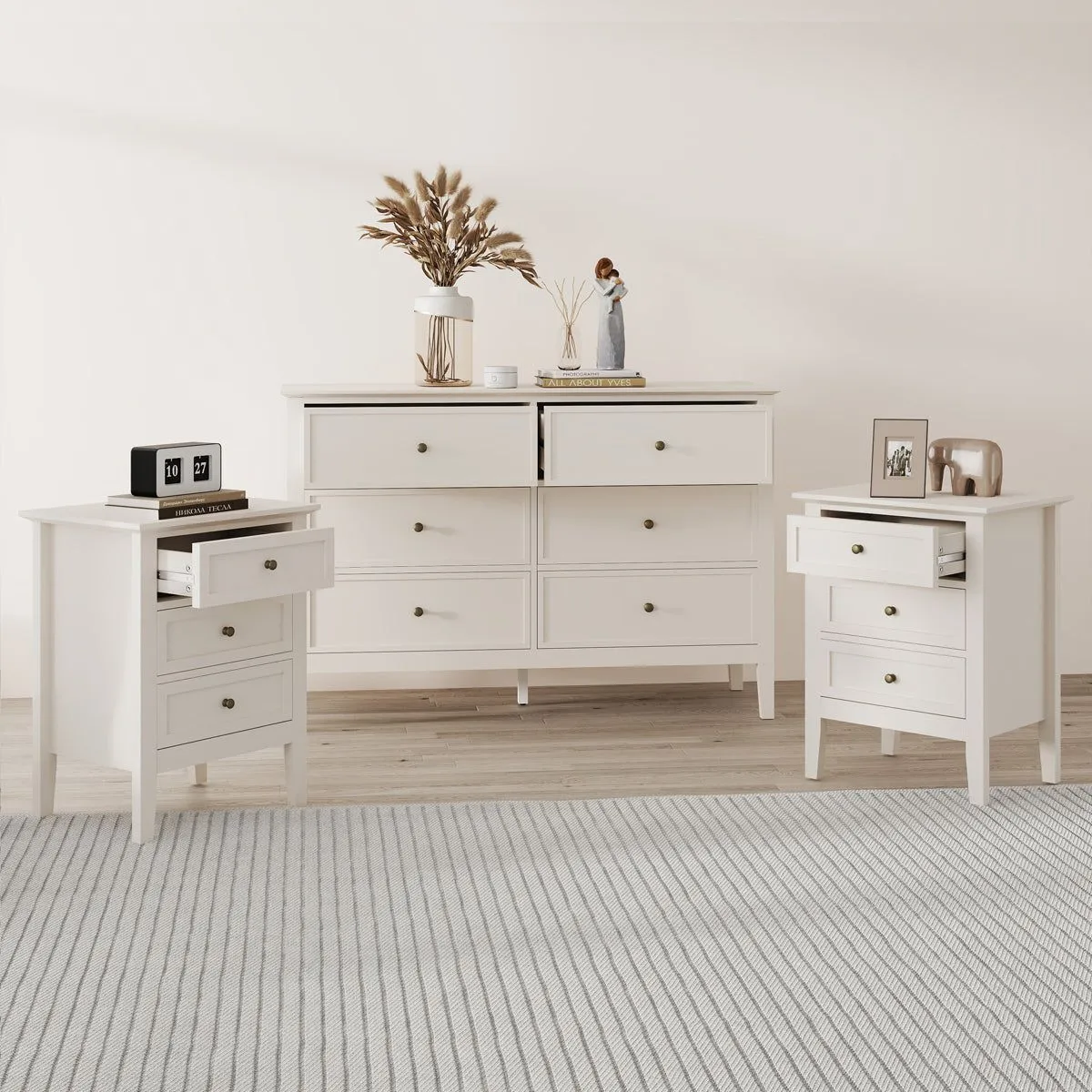 Melody Maison Large 6 Drawer Chest Of Drawers & Pair Of 3 Drawer Bedside Tables - Rowley Pale Cream Range 2