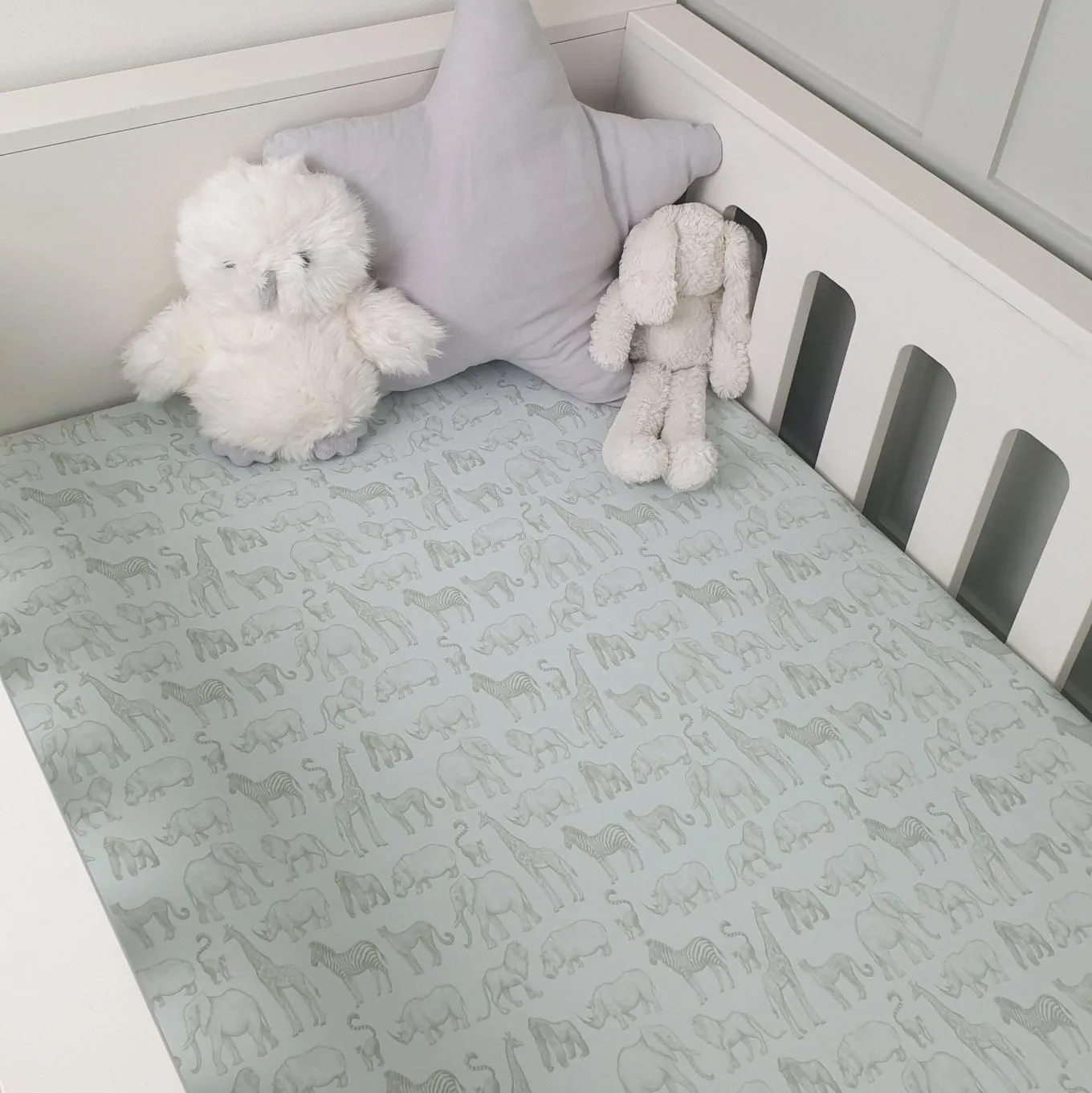 Minky Myles Baby Fitted Cot Bed Sheet. Cotton Safari Jungle Animal Sage Green Cotbed Nursery Sheet. Crease Free Baby Bedding Crib Sheets