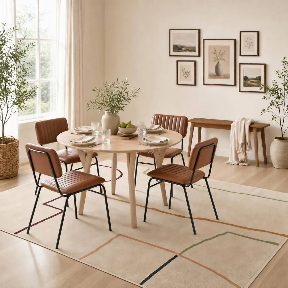 FurnitureboxUK Lynton Whitewashed Round Wood Dining Table 4 Tan Delta Chairs in Off-White
