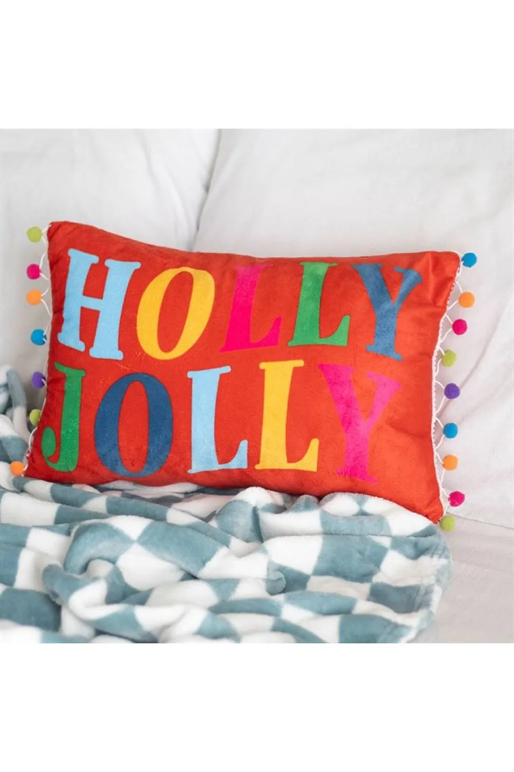 KDMD Red Holly Jolly Cushion with Pom Poms - Festive Christmas Decor